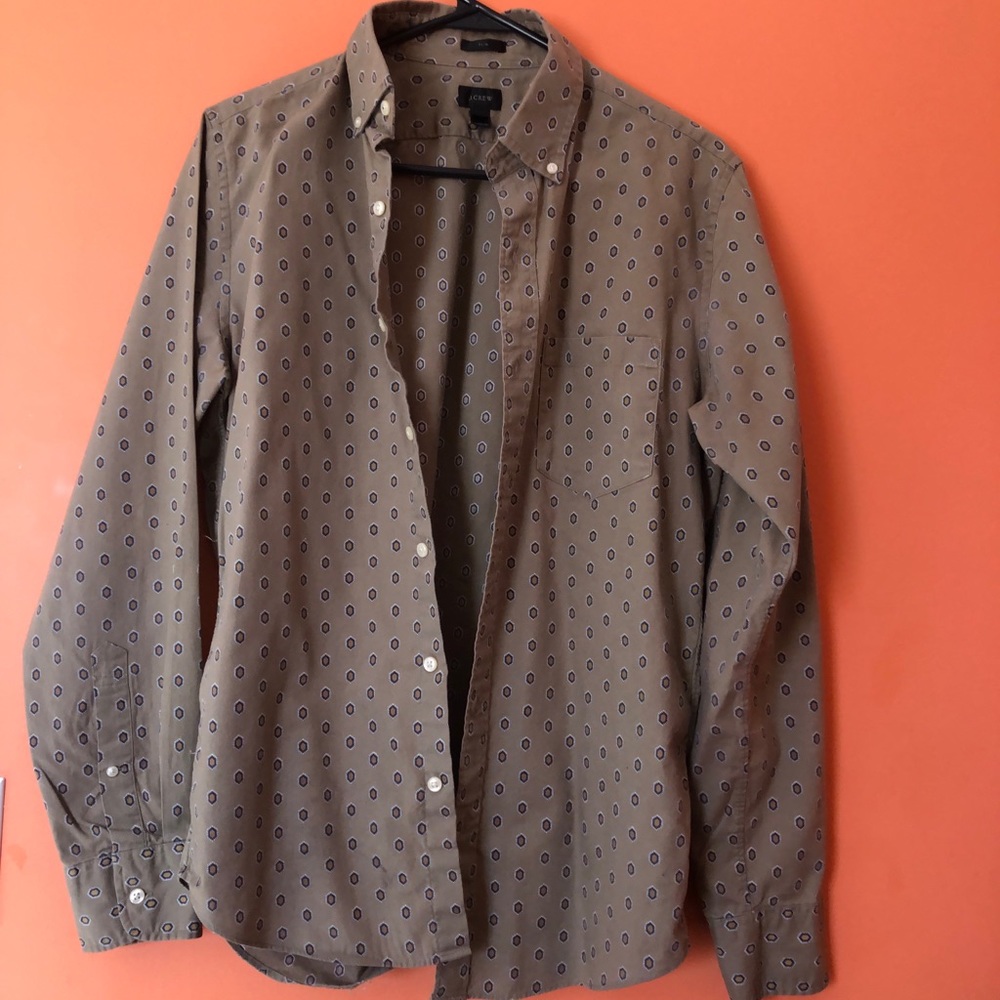 J. Crew Blue and Olive green patterned shirt